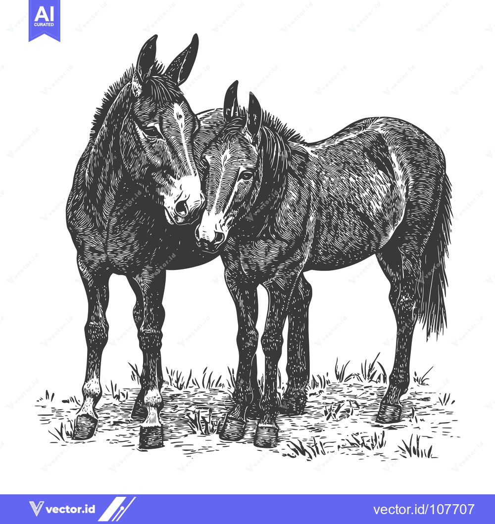 Premium Vector of Two Mules Standing Together In A Field, Black And White Woodcut Style