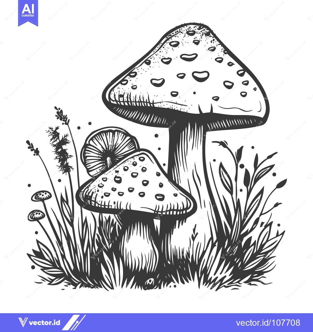 Premium Vector dari Two Mushrooms with Spotted Caps Growing in Grass