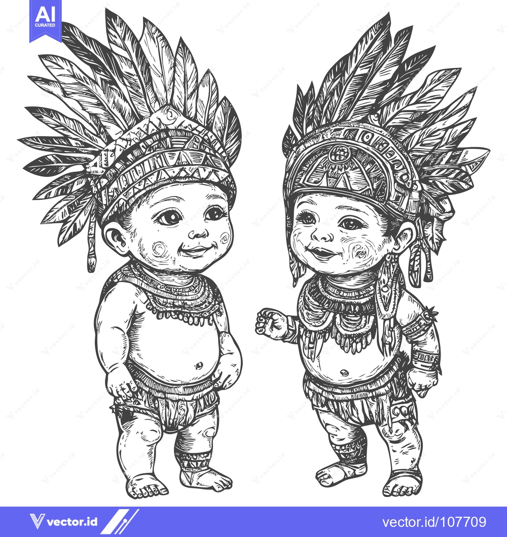 Premium Vector dari Two Native American Babies Wearing Traditional Headdresses