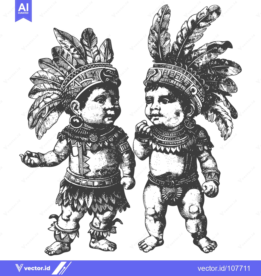 Premium Vector dari Two Native American Children in Traditional Headdresses