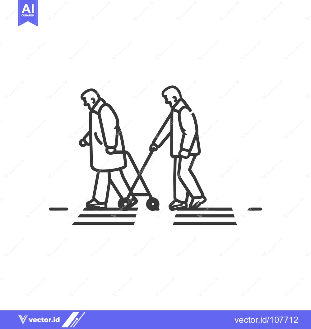 Premium Vector of Two Older People Walking on a Crosswalk, One Using a Walker