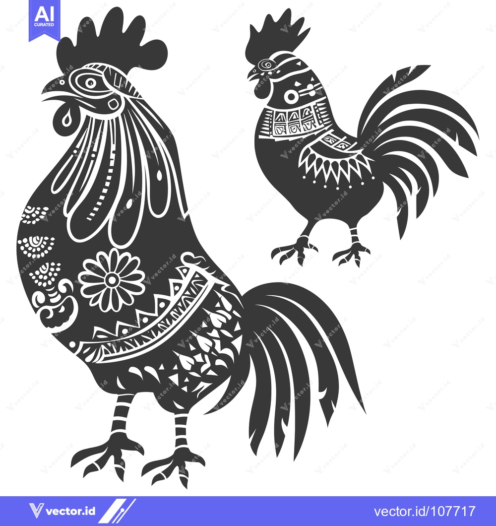 Premium Vector dari Two Ornamental Black Roosters with Detailed Feathers and Patterns