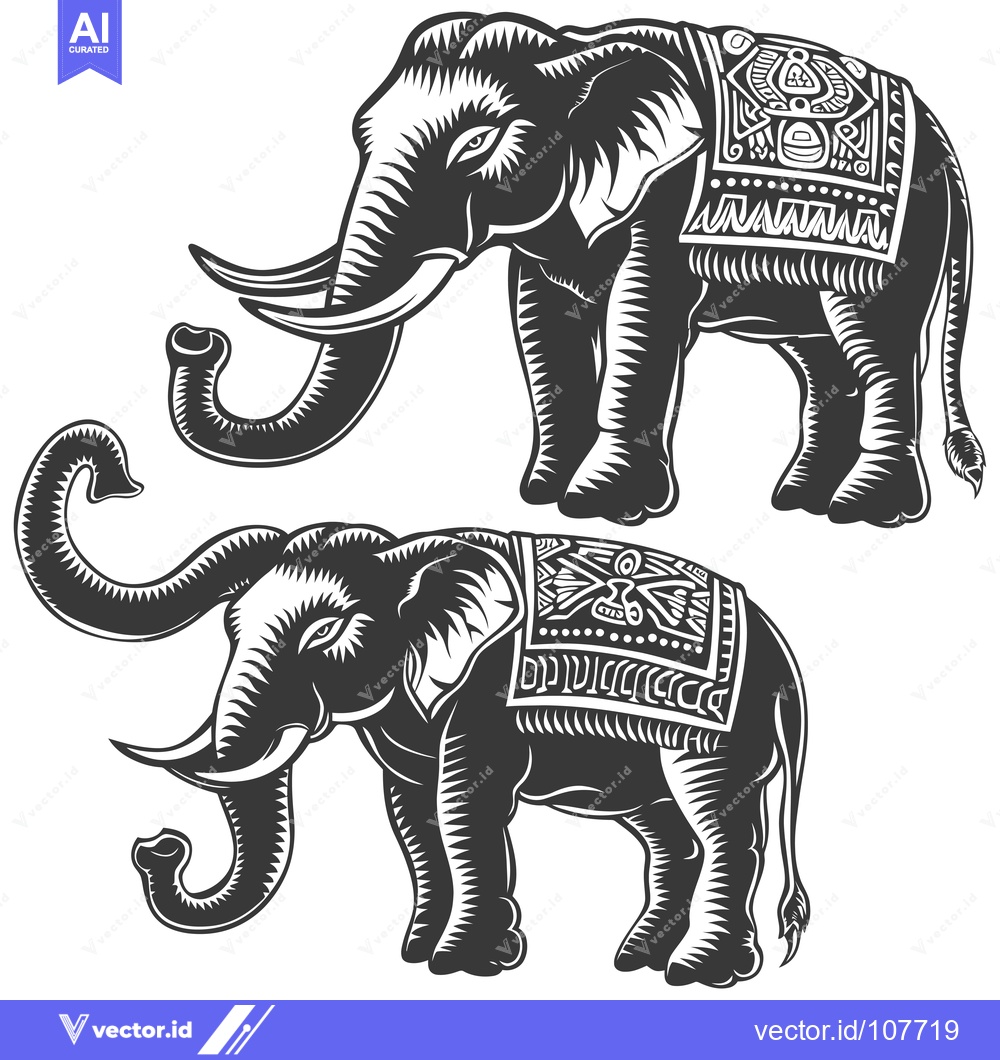 Premium Vector dari Two Ornate Black and White Elephants with Patterned Saddlecloths