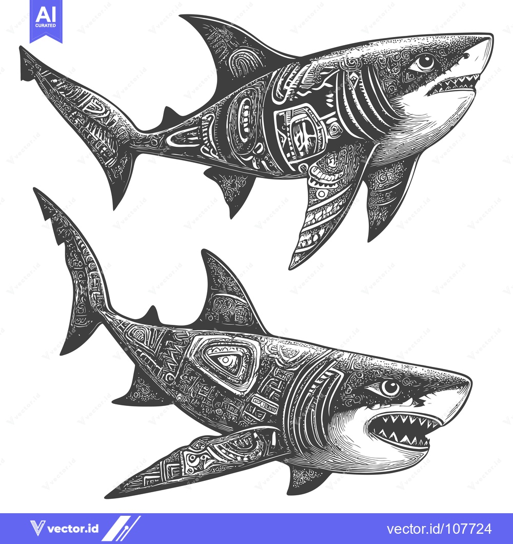 Premium Vector dari Two Ornate Sharks in a Detailed Black and White Illustration