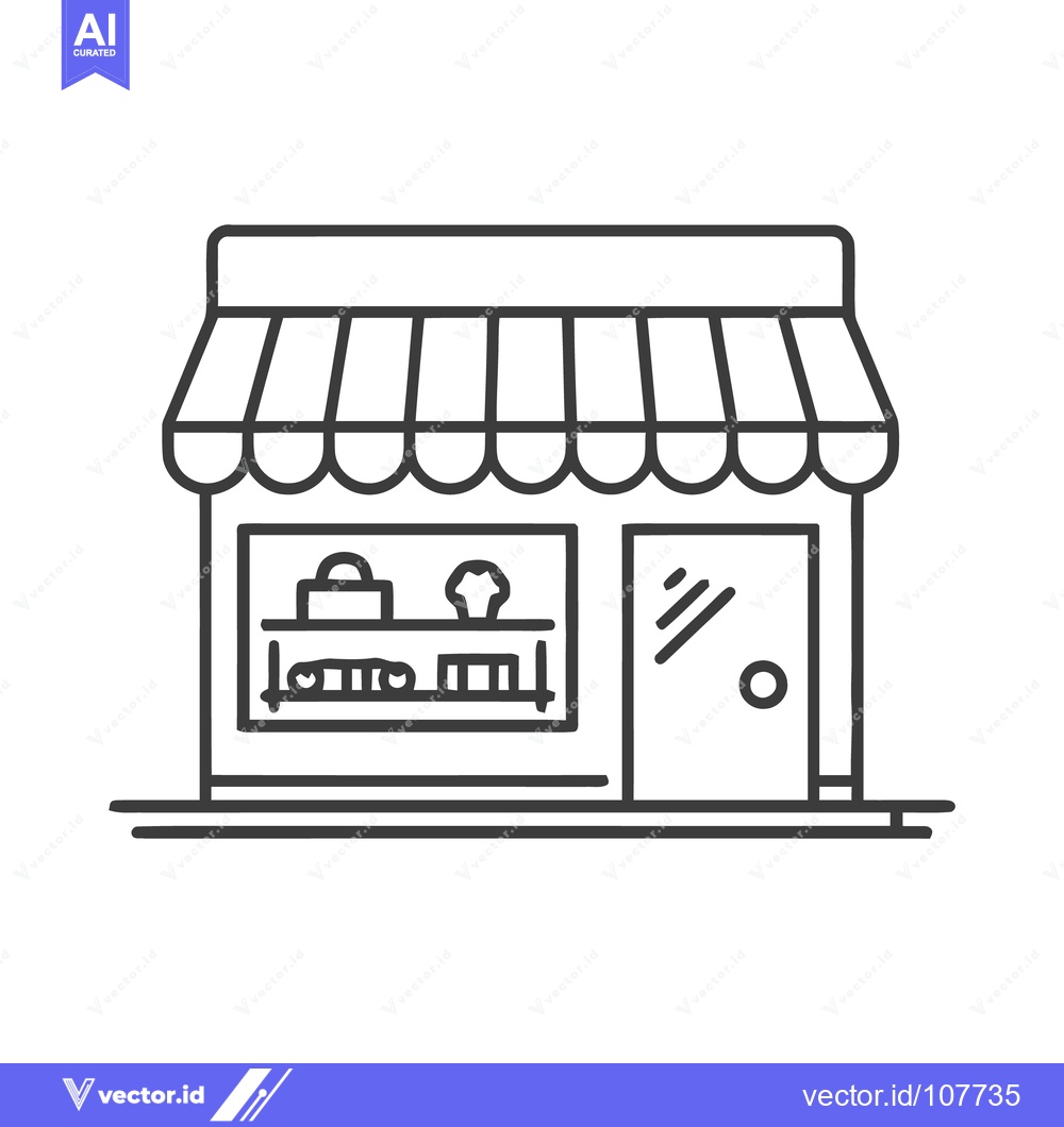Premium Vector of Minimalist Storefront Icon with Awning and Display Window, Line Art