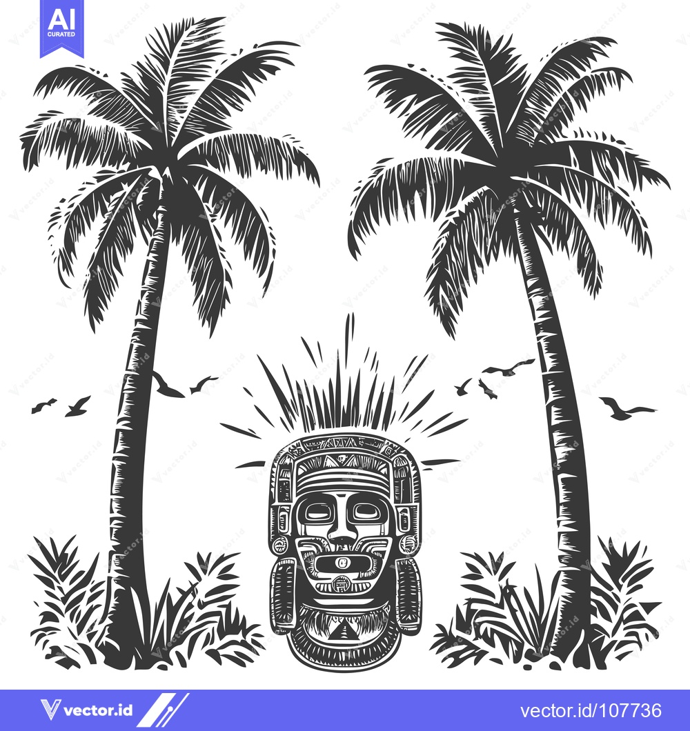 Premium Vector of Two Palm Trees and an Intricate Mask Illustration