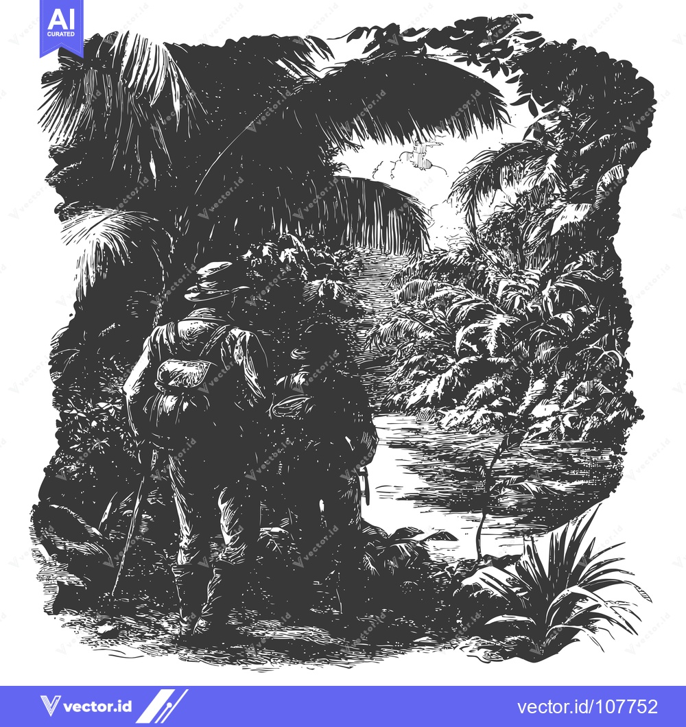 Premium Vector dari Two People Hiking Through Lush Tropical Jungle