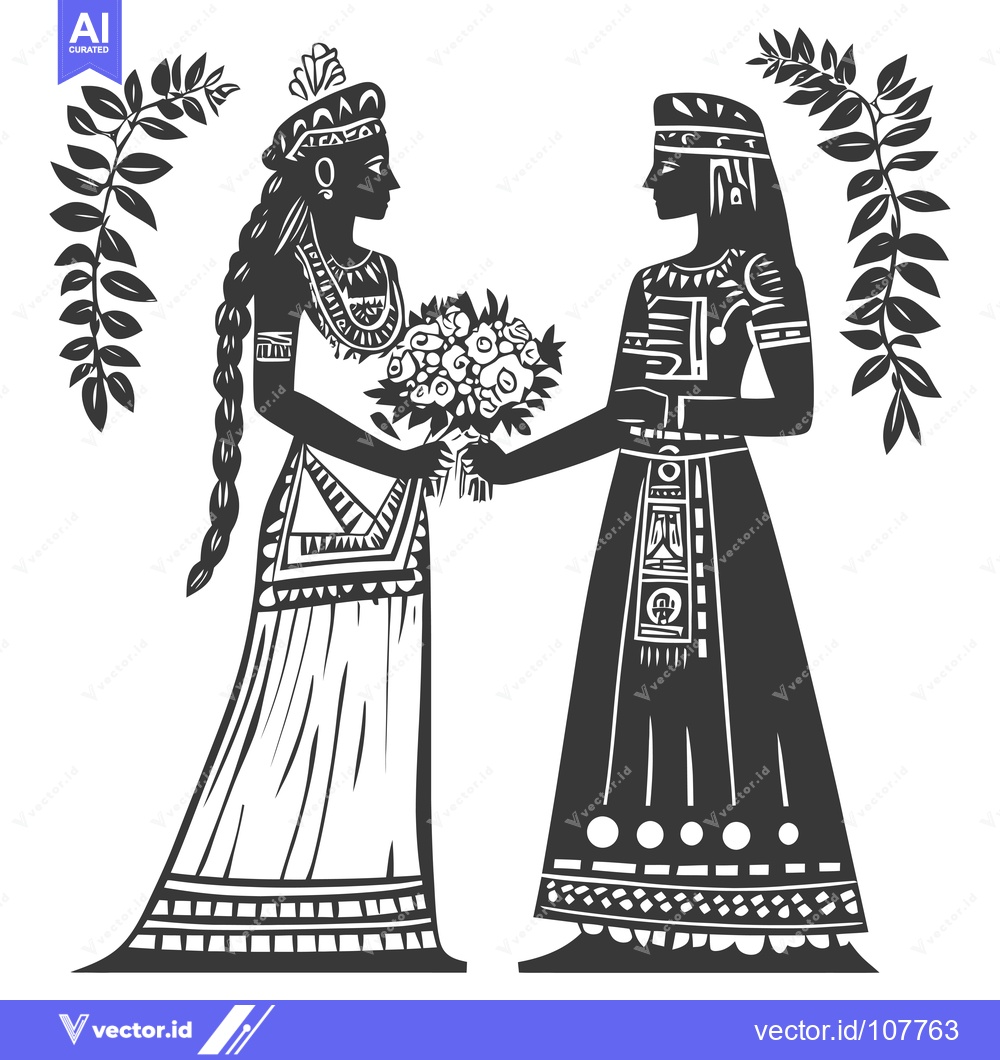 Premium Vector dari Two People in Traditional Clothing Exchanging a Bouquet of Flowers