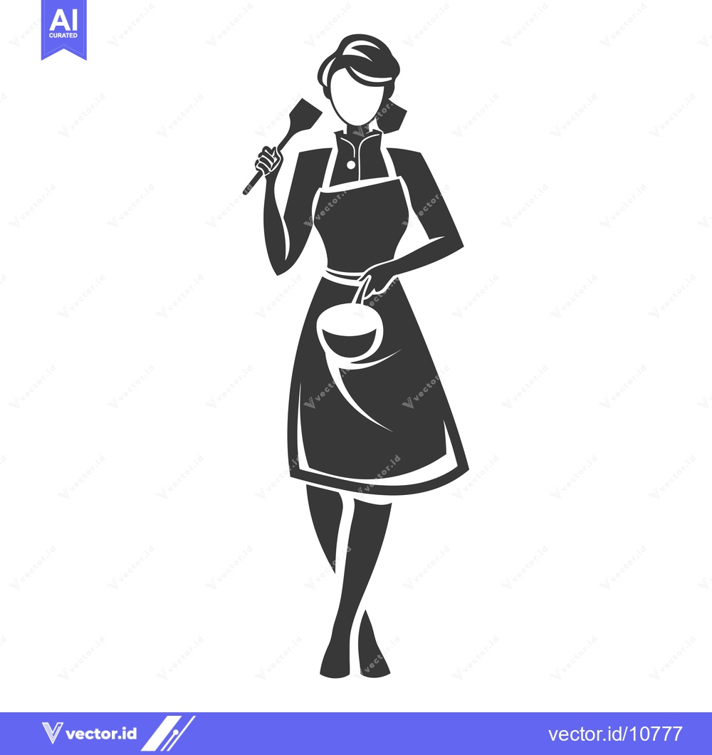 Premium Vector dari A black and white silhouette of a woman wearing an apron and holding a