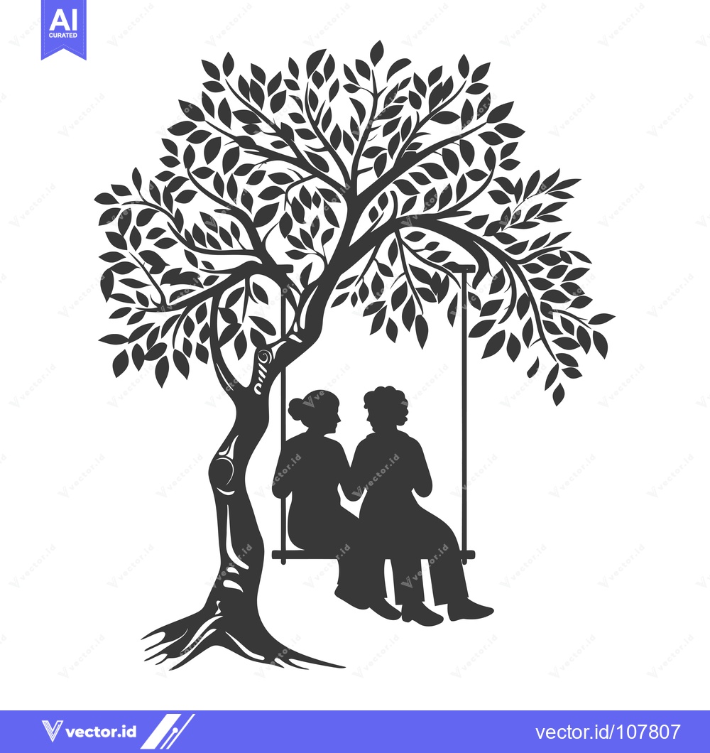 Premium Vector of Two People Sitting On A Swing Under A Tree Silhouette
