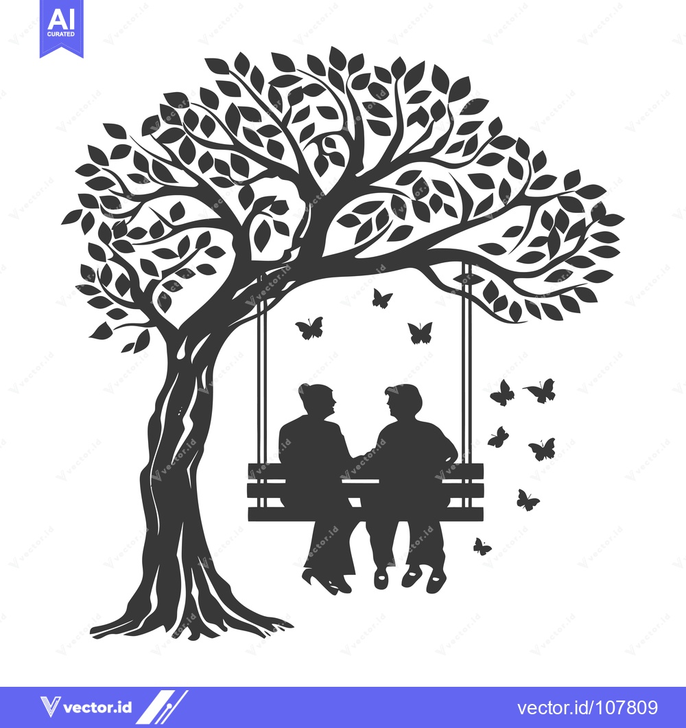 Premium Vector of Two People Sitting on a Swing Under a Tree with Butterflies