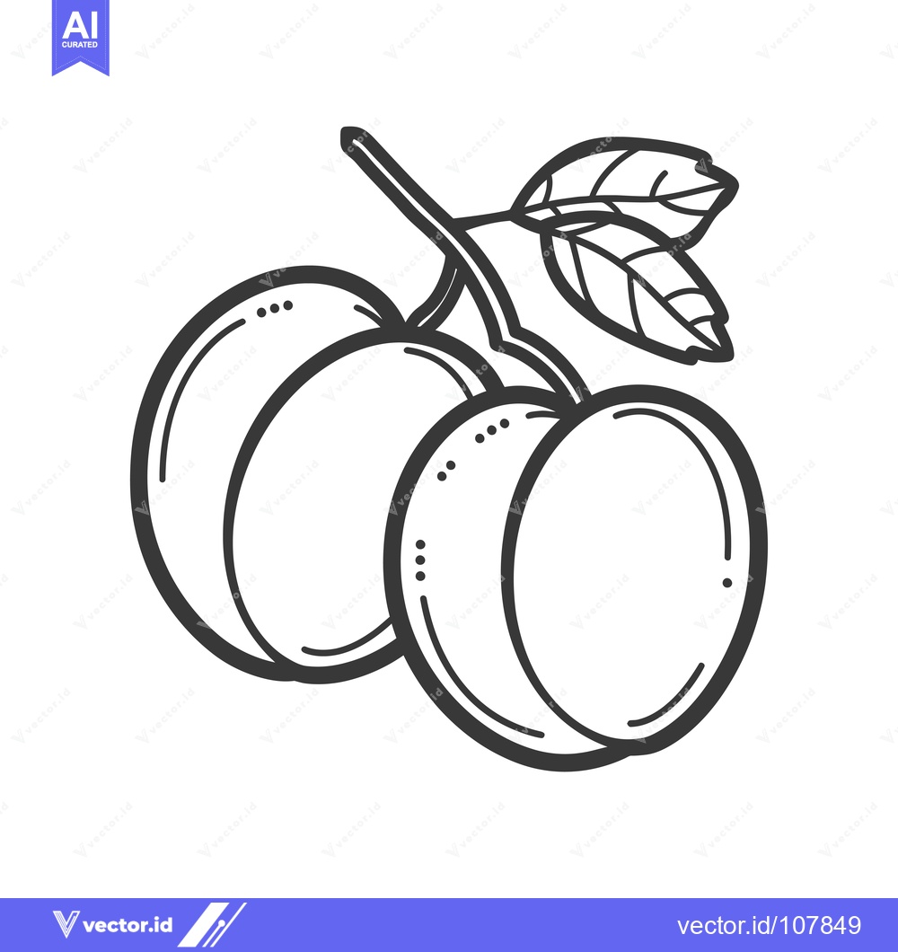 Premium Vector dari Two Plums with Stem and Leaf in Line Art