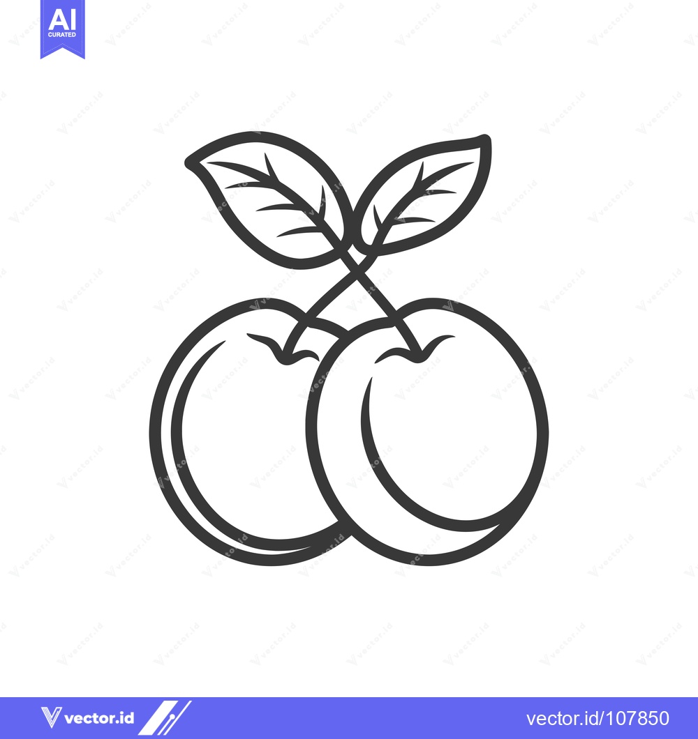 Premium Vector dari Two Plums with Stem and Leaves Line Art Illustration