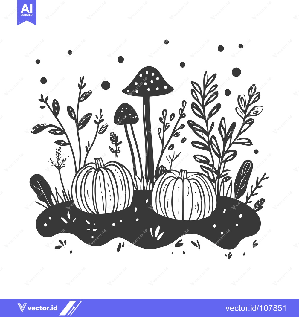 Premium Vector of Two Pumpkins and Mushrooms in a Field of Grass and Flowers
