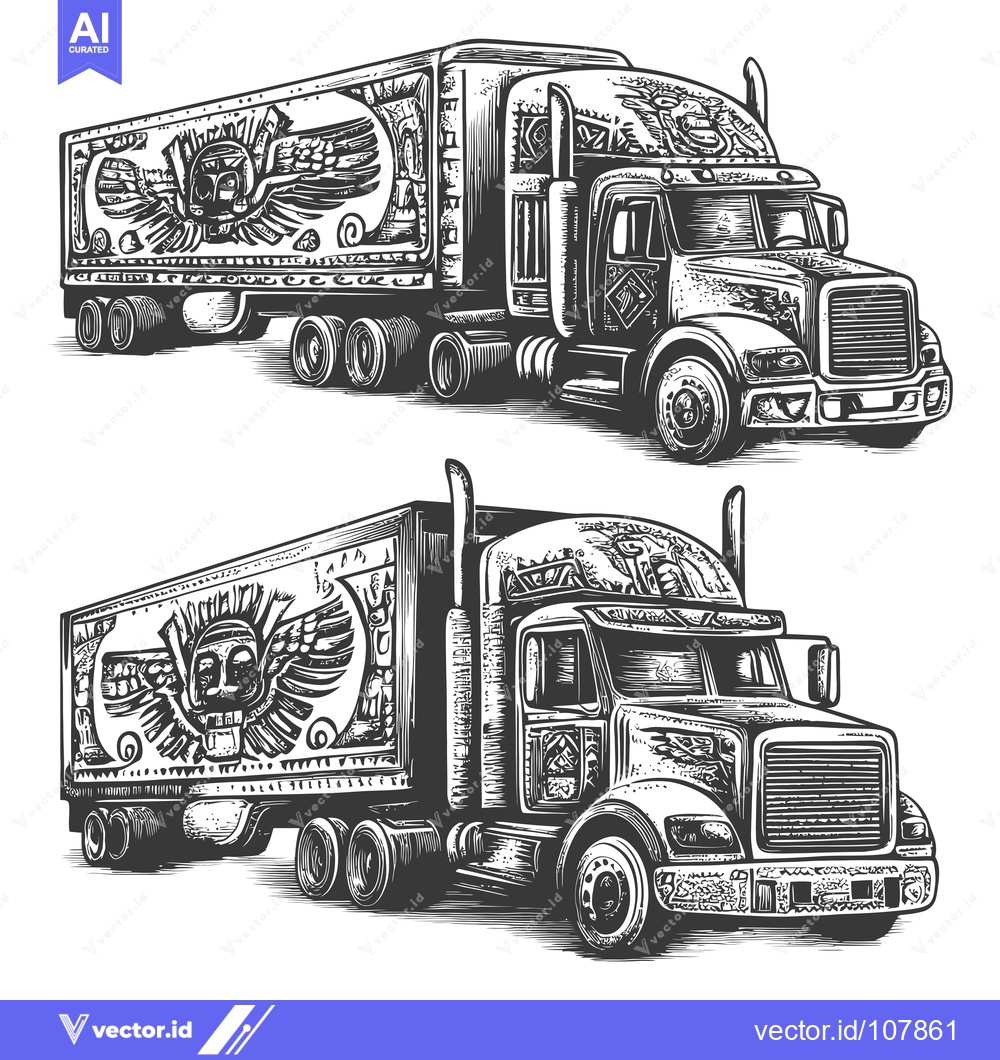 Premium Vector of Two Semi-Trucks with Aztec-Inspired Designs and Skulls