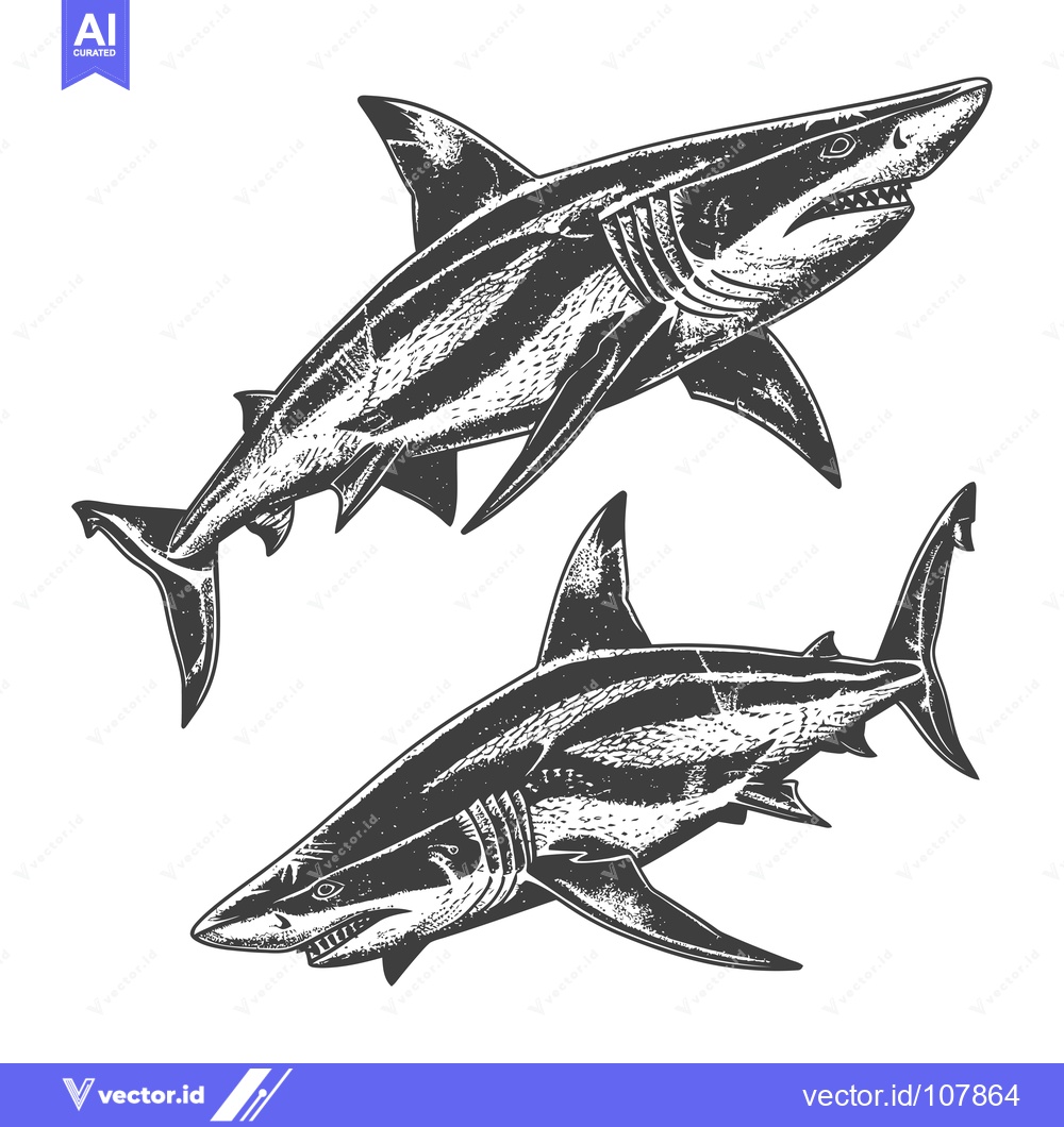 Premium Vector dari Two Sharks With Open Mouths in Black and White