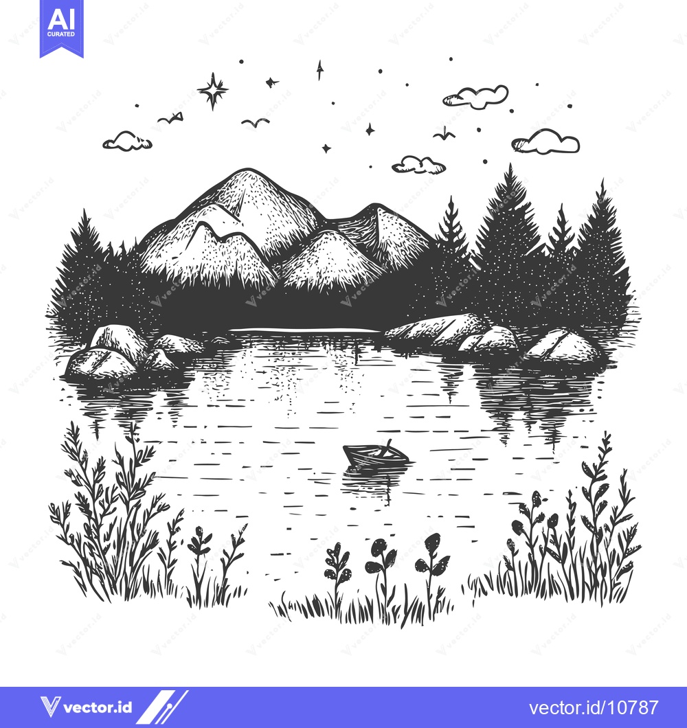 Premium Vector of A Black and White Sketch of a Mountain Lake with a Small Boat