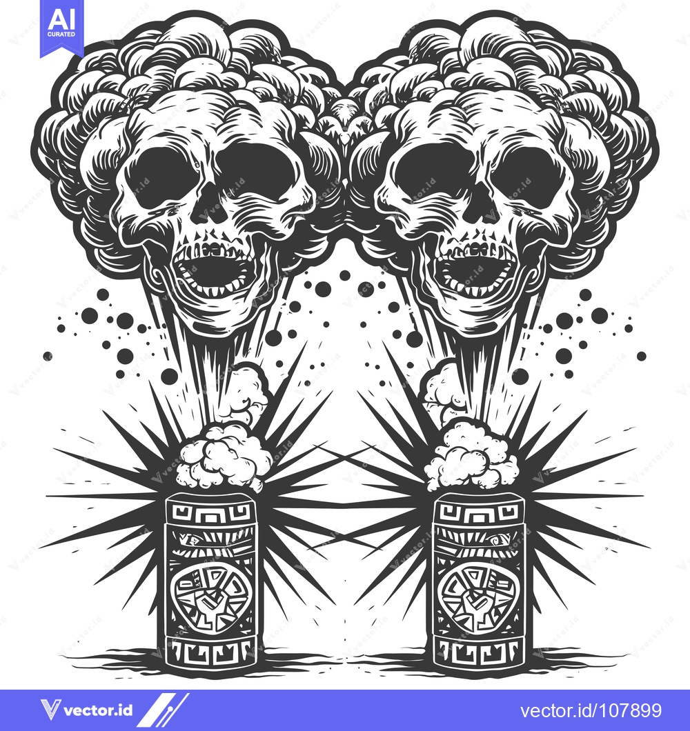 Premium Vector dari Two Skulls Emerging From Ancient Vessels Surrounded by Smoke and Stars