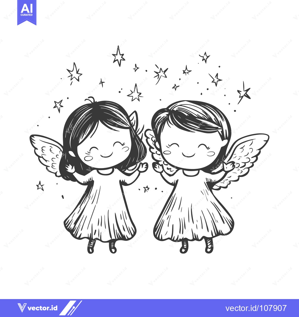 Premium Vector dari Two Smiling Angels with Wings and Stars