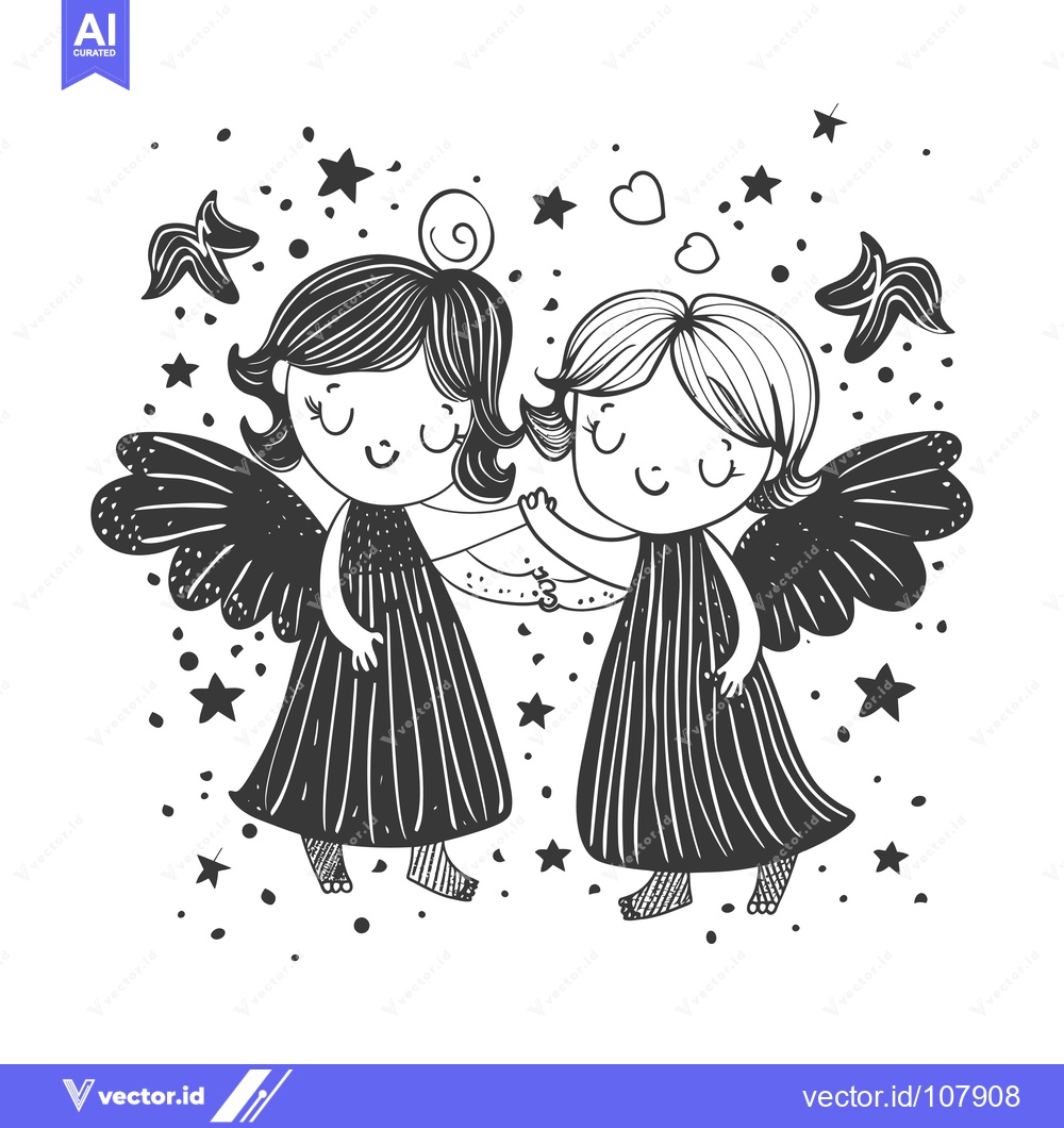 Premium Vector dari Two Smiling Angels with Wings Holding Hands Surrounded by Stars and He