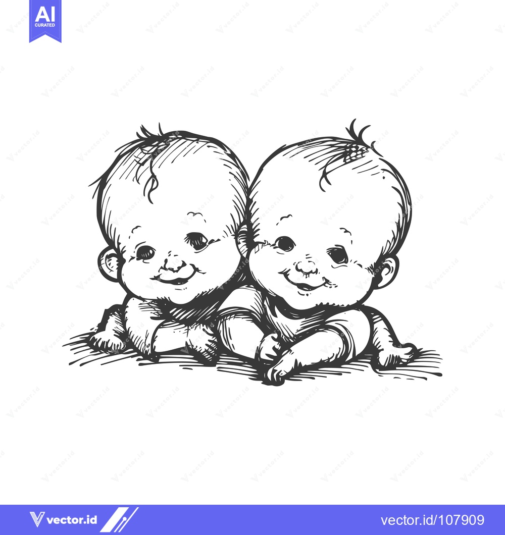 Premium Vector dari Two Smiling Babies Hugging Each Other in a Black and White Sketch