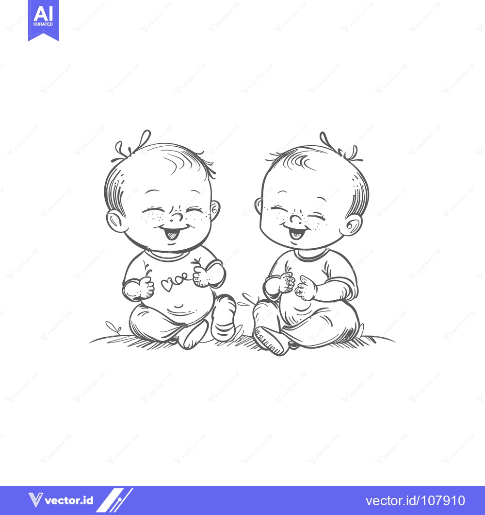 Premium Vector of Two Smiling Babies Sitting on the Ground in a Sketch Style