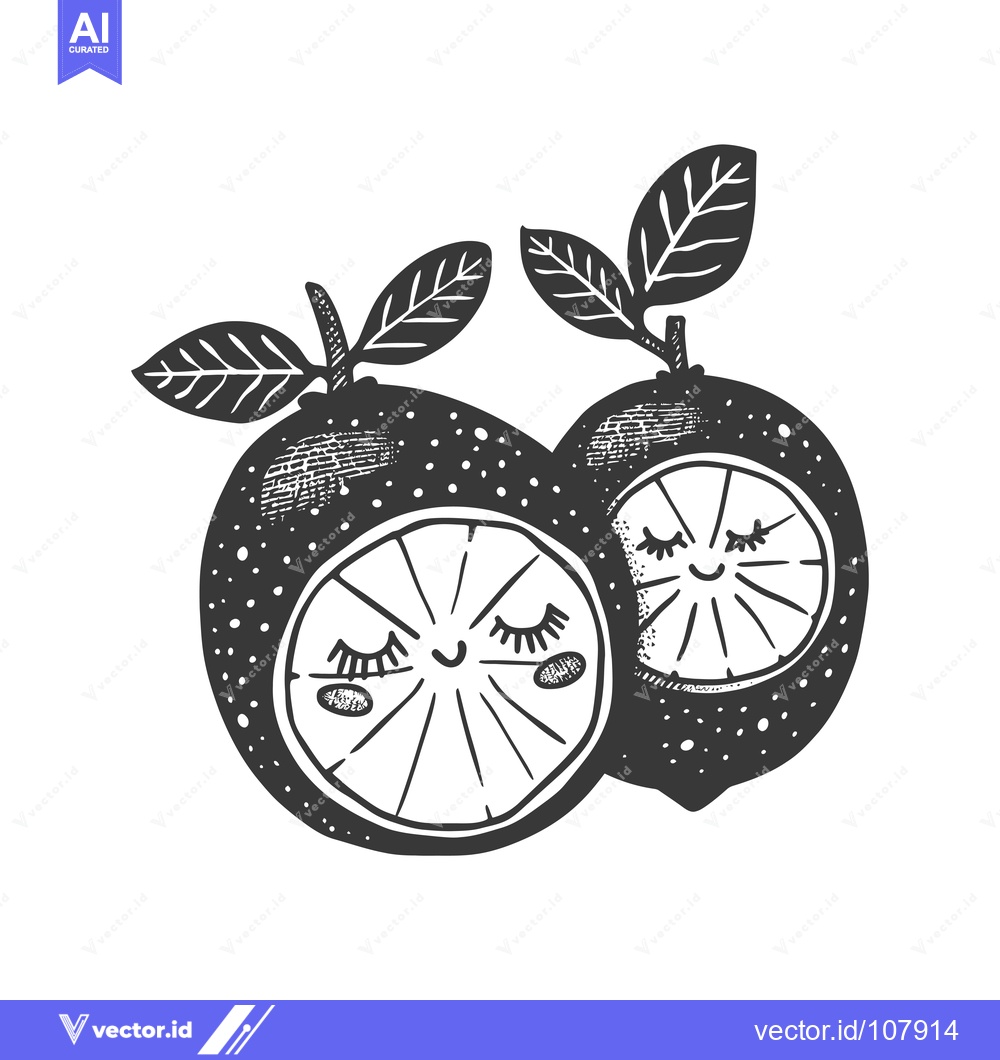 Premium Vector dari Two Smiling Lemons with Closed Eyes and Leaves