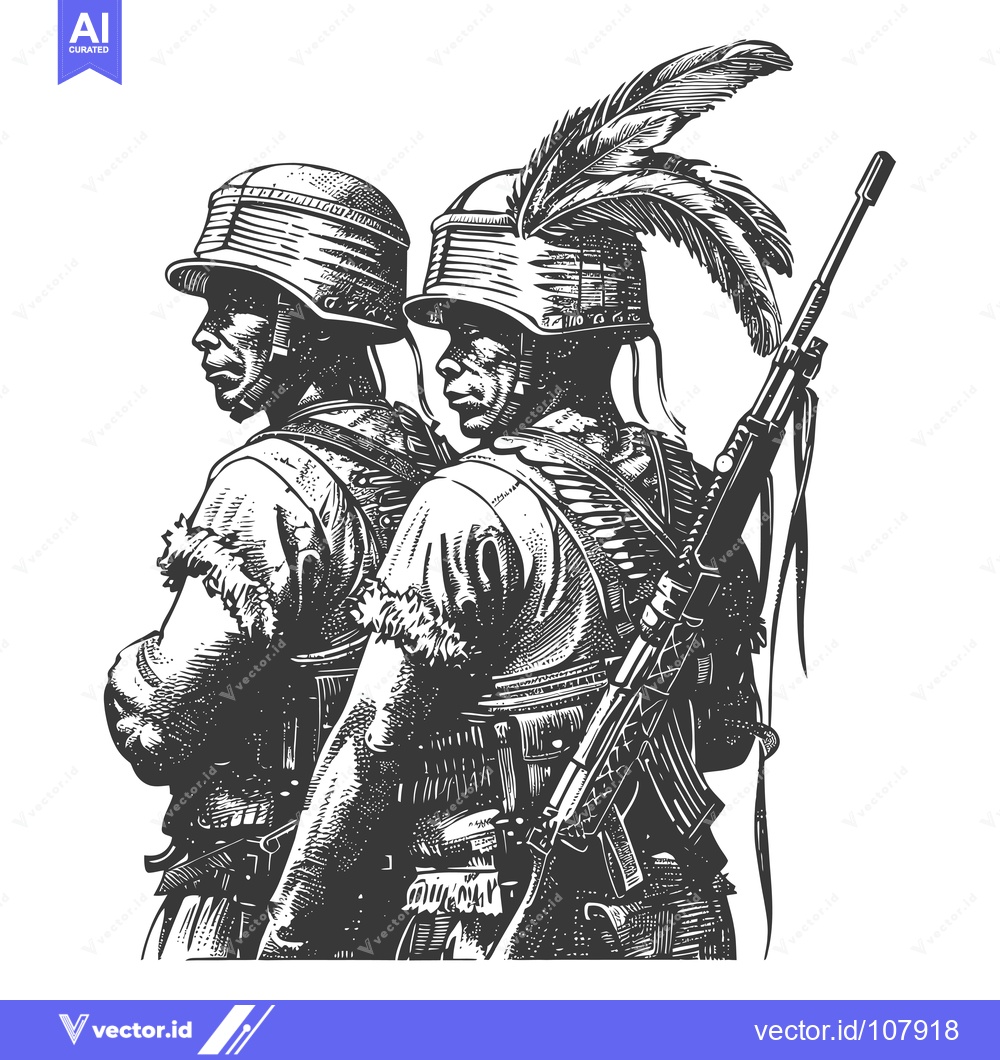 Premium Vector of Two Soldiers in Combat Gear, One with Feathers Adorning His Helmet