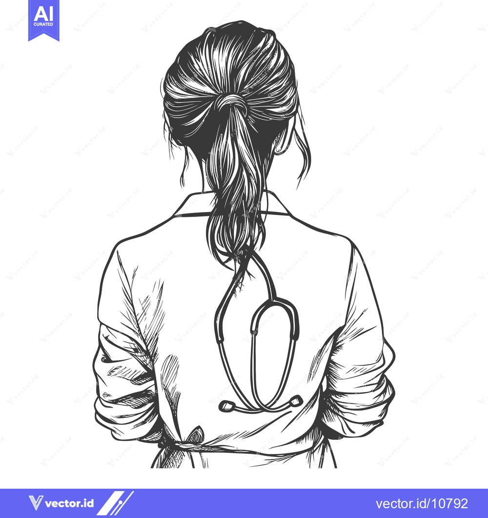 Premium Vector of A Black and White Sketch of a Woman Doctor Seen from Behind, with a St