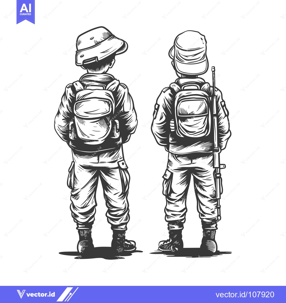 Premium Vector dari Two Soldiers Standing Back to Back with Backpacks and Weapon