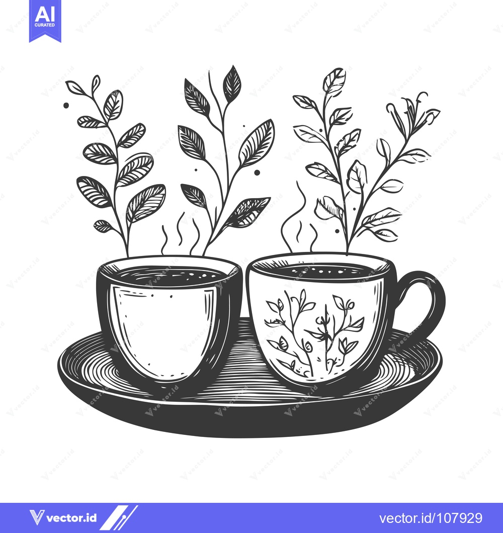 Premium Vector dari Two steaming cups of coffee with floral design and leaves on a saucer