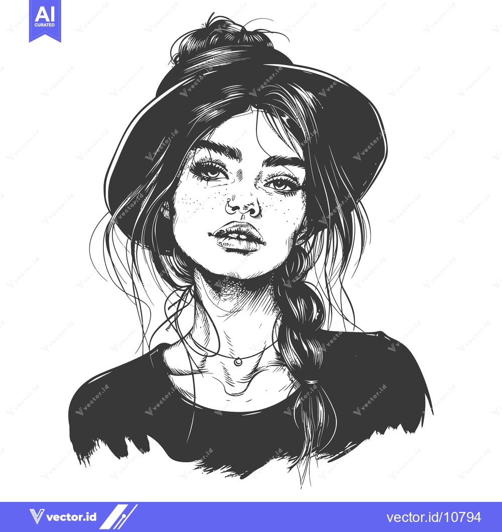 Premium Vector of A black and white sketch of a woman with freckles and a bun, wearing a