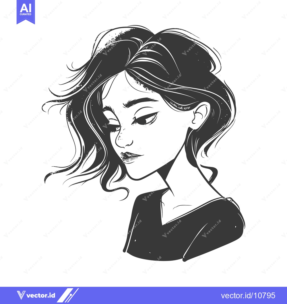 Premium Vector of A Black and White Sketch of a Woman with Short Hair Looking Down