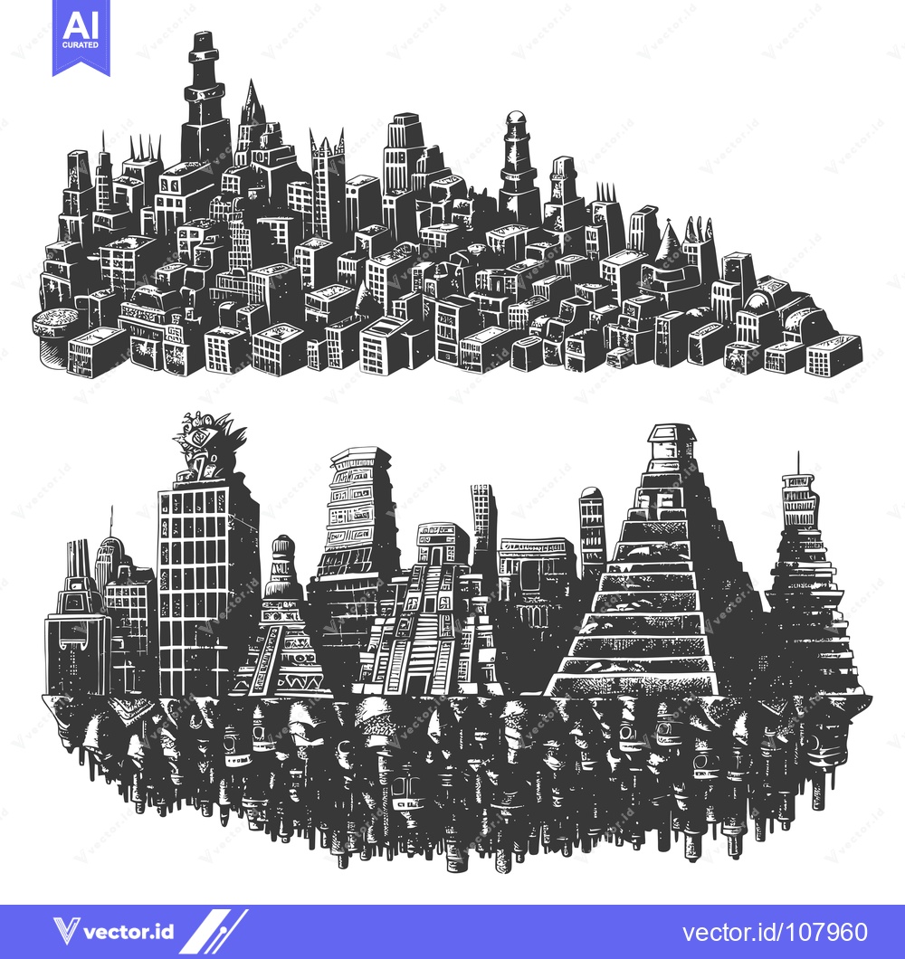 Premium Vector dari Two Stylized Cityscapes with Tall Buildings and Geometric Structures
