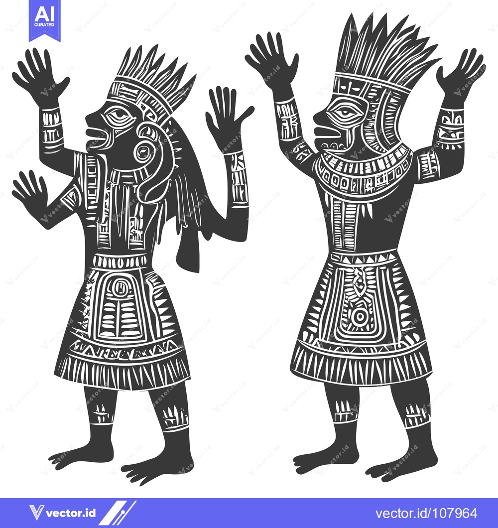 Premium Vector of Two Stylized Figures in Traditional Indigenous Attire Raising Their Ha