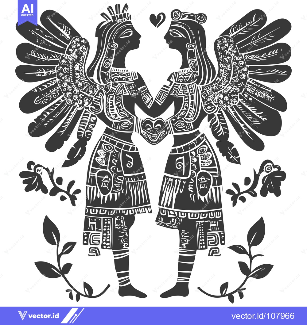 Premium Vector of Two Stylized Figures with Feathered Wings and Floral Elements