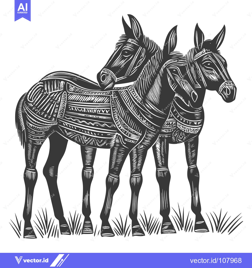 Premium Vector of Two Stylized Horses with Geometric Patterns Standing in Grass
