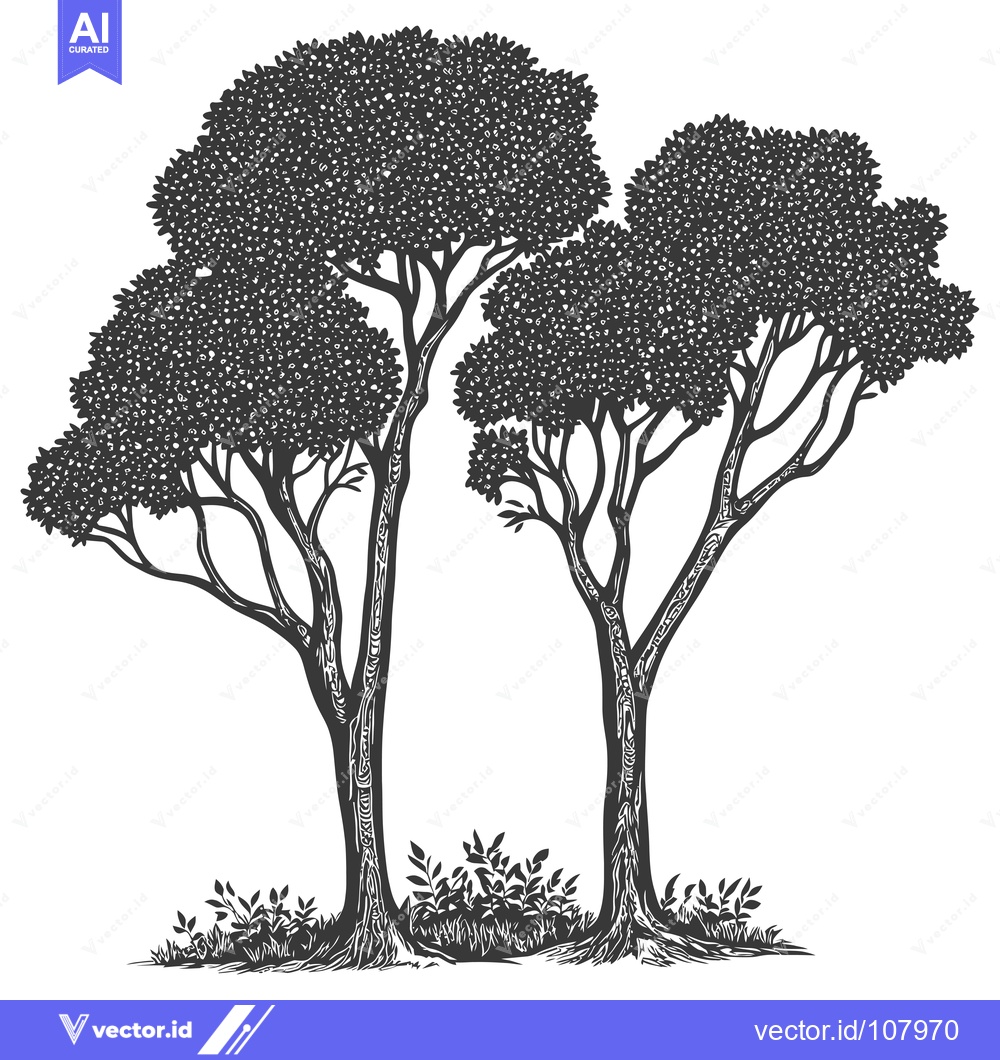 Premium Vector dari Two Tall Trees with Lush Foliage and a Patch of Bushes at Their Base