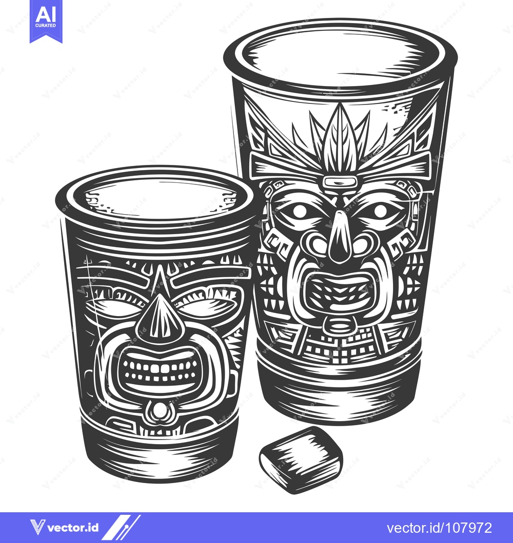 Premium Vector dari Two Tiki Mugs with Tribal Designs and an Ice Cube