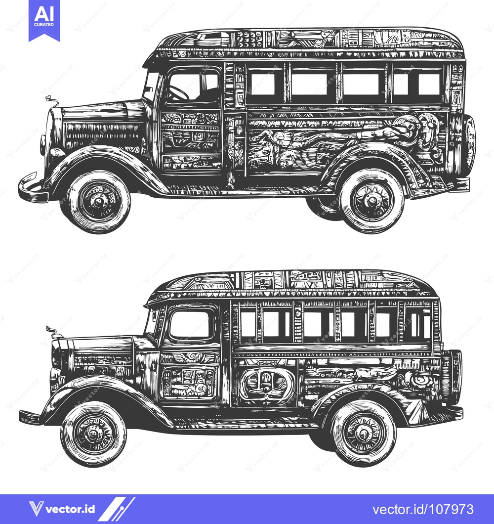 Premium Vector of Two Vintage Buses with Detailed Carvings and Intricate Designs