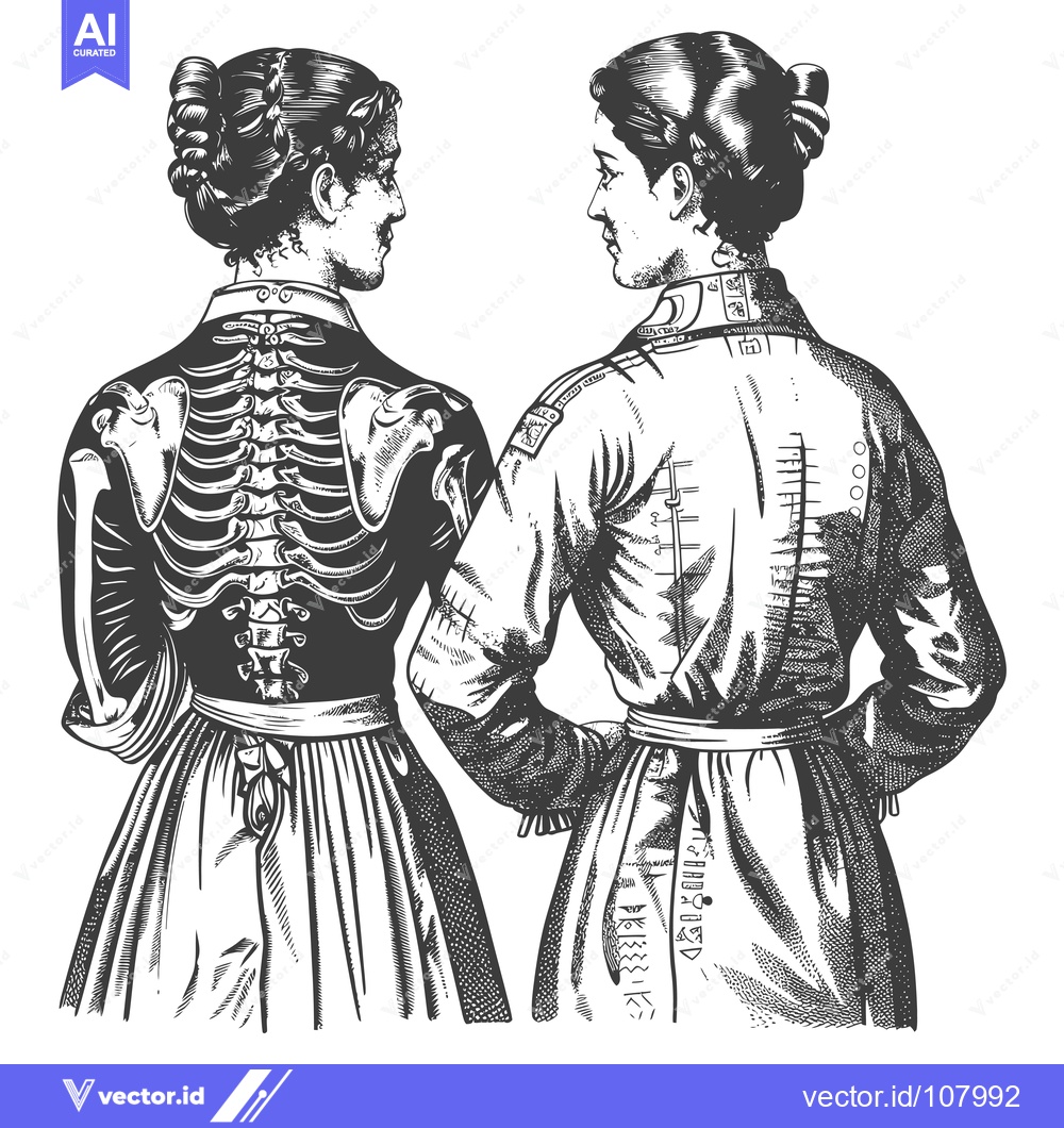 Premium Vector dari Two Women in 19th Century Dress, One with Visible Skeleton