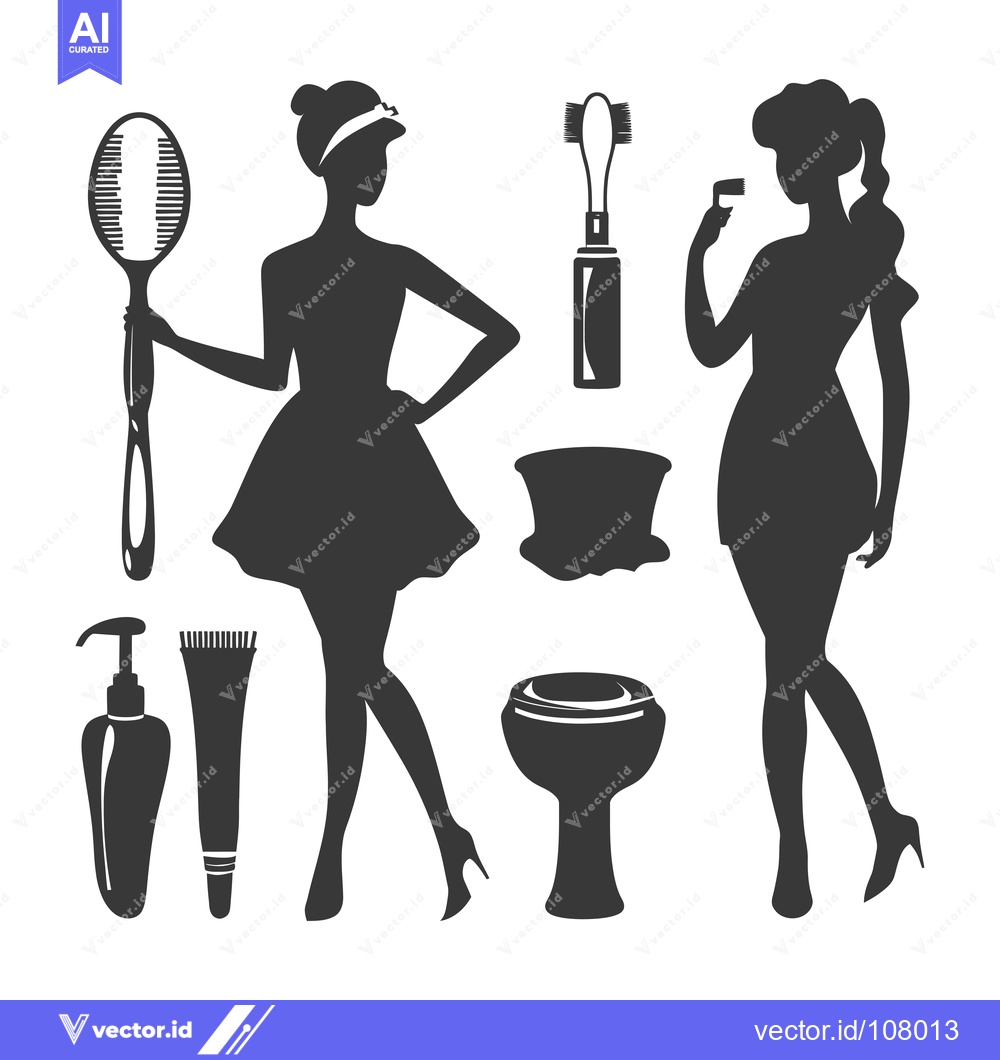 Premium Vector dari Two Women's Silhouettes with Bathroom Items