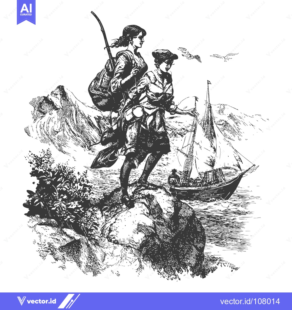 Premium Vector dari Two women standing on a cliff overlooking a sailboat in the sea