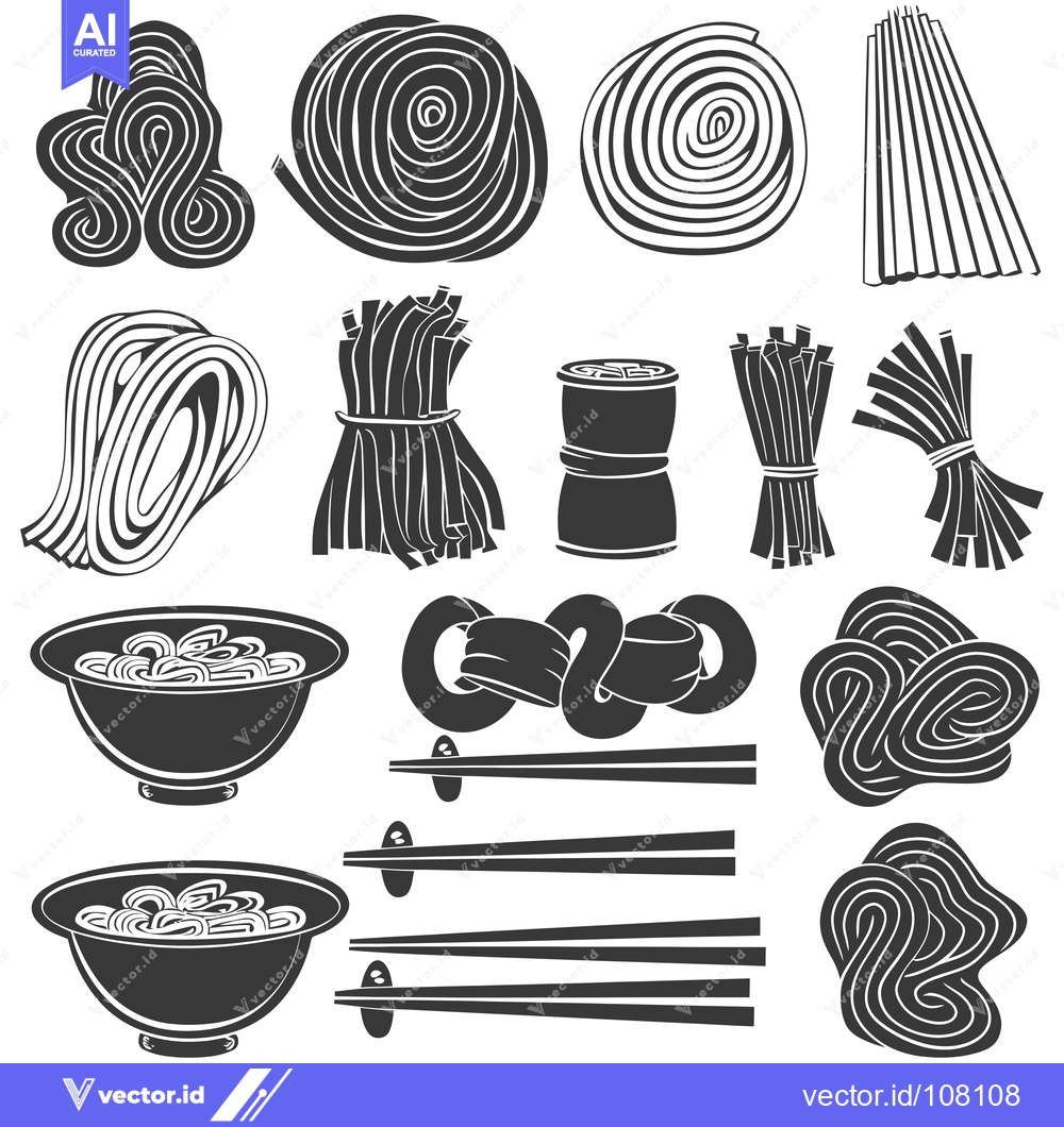 Premium Vector dari Various Shapes and Forms of Noodles in Black and White