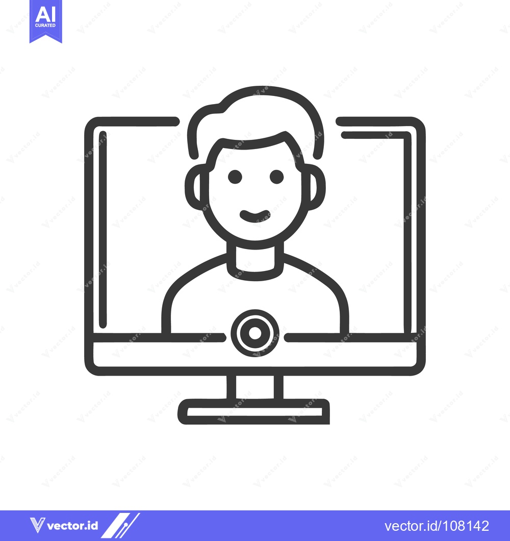 Premium Vector dari Virtual Meeting Icon: Person on Computer Screen, Outline Style