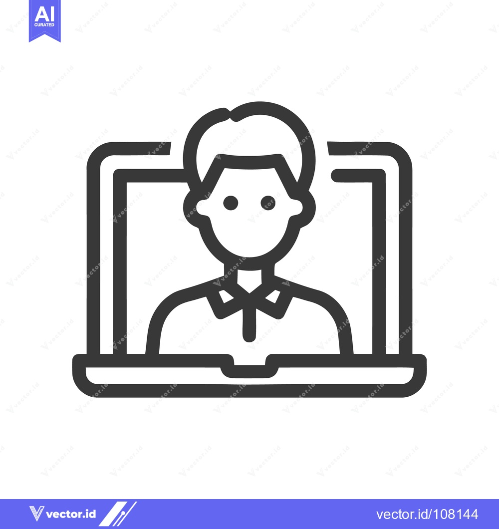 Premium Vector dari Online Meeting Icon: Man on Laptop Screen, Simple Line Art