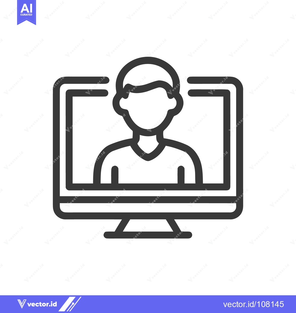 Premium Vector dari Virtual Meeting Icon: Person on Computer Screen, Outline Style