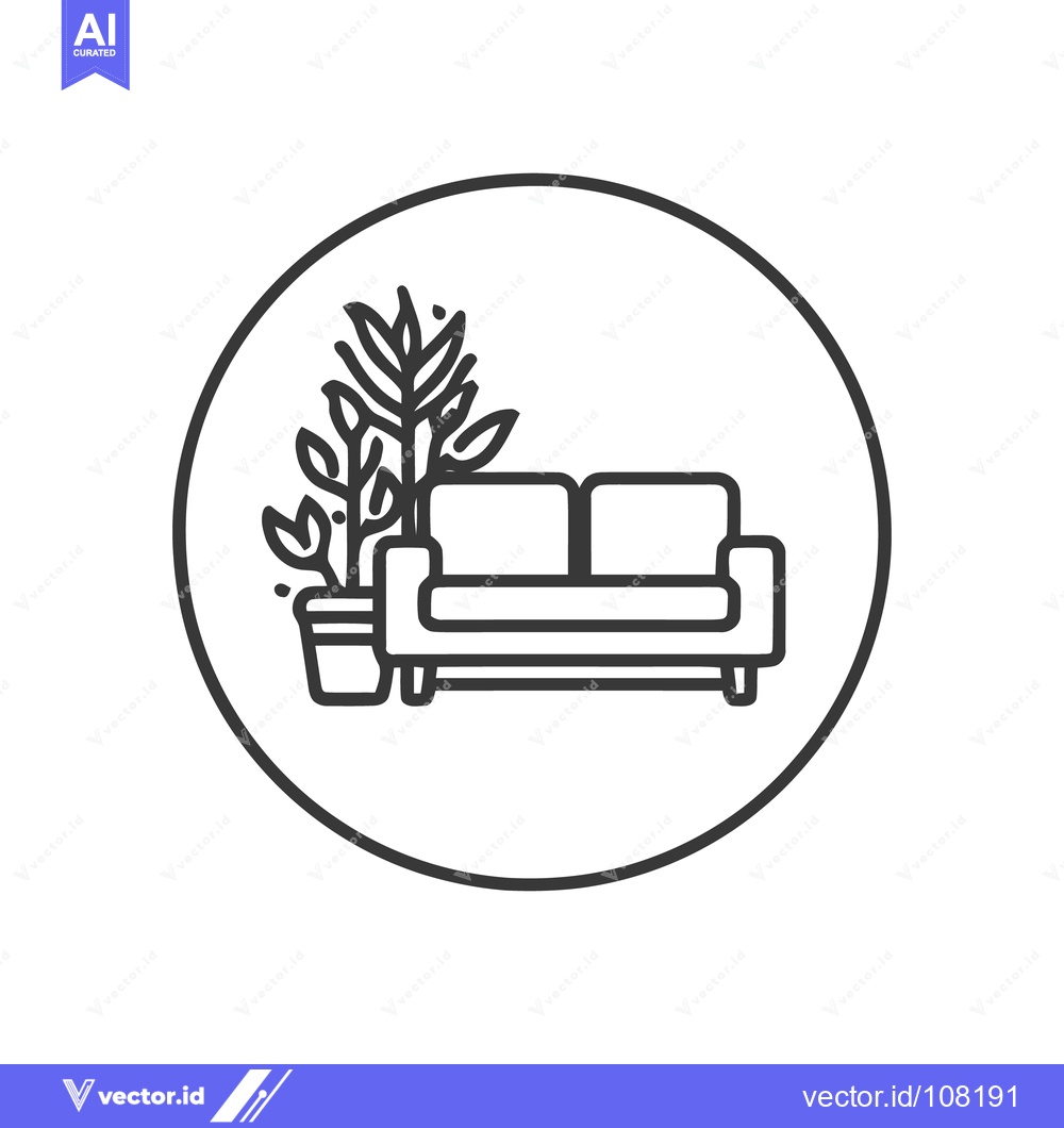 Premium Vector dari Minimalist Living Room Icon: Couch and Plant in Circle