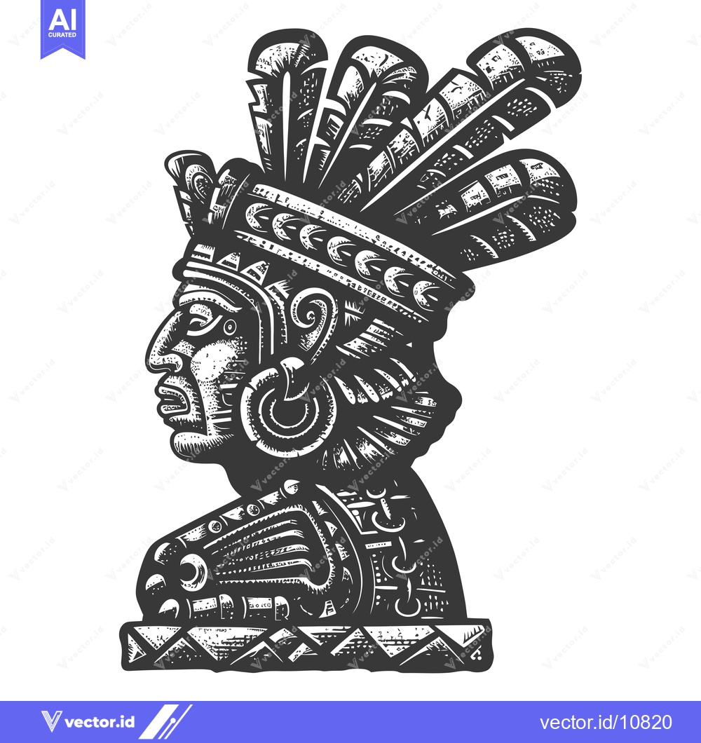 Premium Vector dari A Black and White Woodcut Illustration of an Aztec Warrior with a Feat