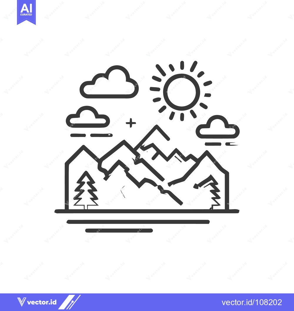 Premium Vector dari Minimalist Mountain Landscape Illustration with Sun, Clouds, and Trees